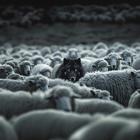 Black Wolf in Flock of Sheep Poster - Gothic Wall Art for