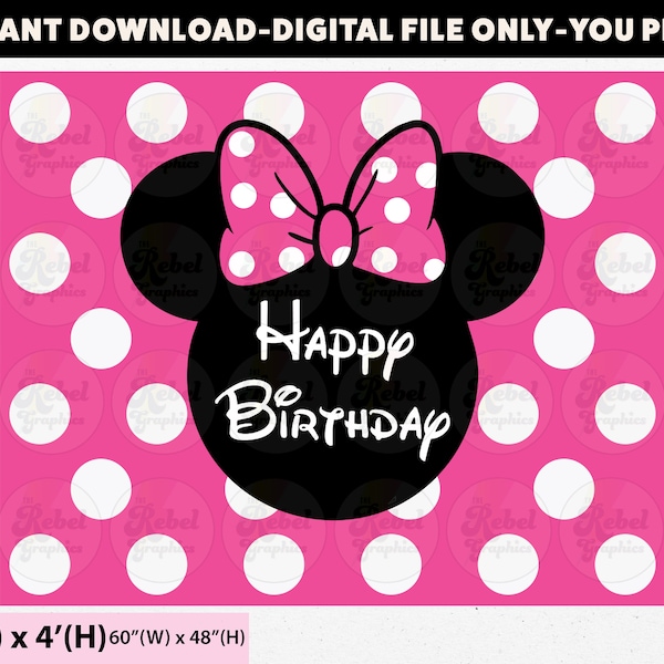 Happy Birthday Pink Minnie Mouse Head  Banner, Party Decor Digital Banner, Birthday Sign Backdrop, Digital File, HotPink