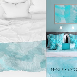 Cotton Blue Watercolor Duvet Cover with Zip, Superking Duvet Cover children, Size full, doona covers queen blanket cover. shipping to au, nz
