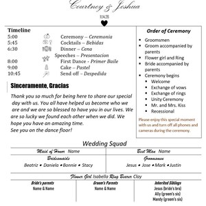 以下が含まれることがあります： コートニー＆ジョシュアの結婚式のプログラム、日付は2026年11月14日。プログラムには、タイムライン、儀式の順序、結婚式の詳細が含まれています。テキストは白地に黒色です。