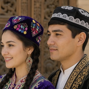 Vintage Uzbek Doppa Tubeteika Skullcap Set Chust & Velvet Embroidered Hats Vintage Silk Embroidered Skullcap Uzbek Tajik Doppi  main image 3
