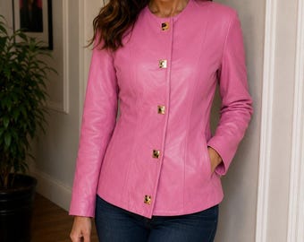 Veste en cuir rose Belle Sport, boutons brandebourg dorés, blazer en cuir véritable, taille M