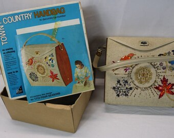 Vintage 1960s TOWN & COUNTRY #1712 Four Seasons decorate-by-number purse in original box