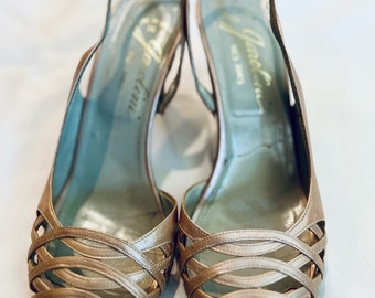 Rare Vintage Garolini rose gold slingback peep toe heels, size 7.5M made In Italy