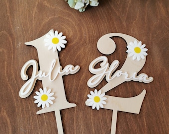 Decorazione per torta a forma di margherita, decorazioni per la festa di compleanno a tema margherita, nome floreale personalizzato, compleanno in stile retrò-groovy, il mio primo compleanno, primo compleanno floreale boho per bambina
