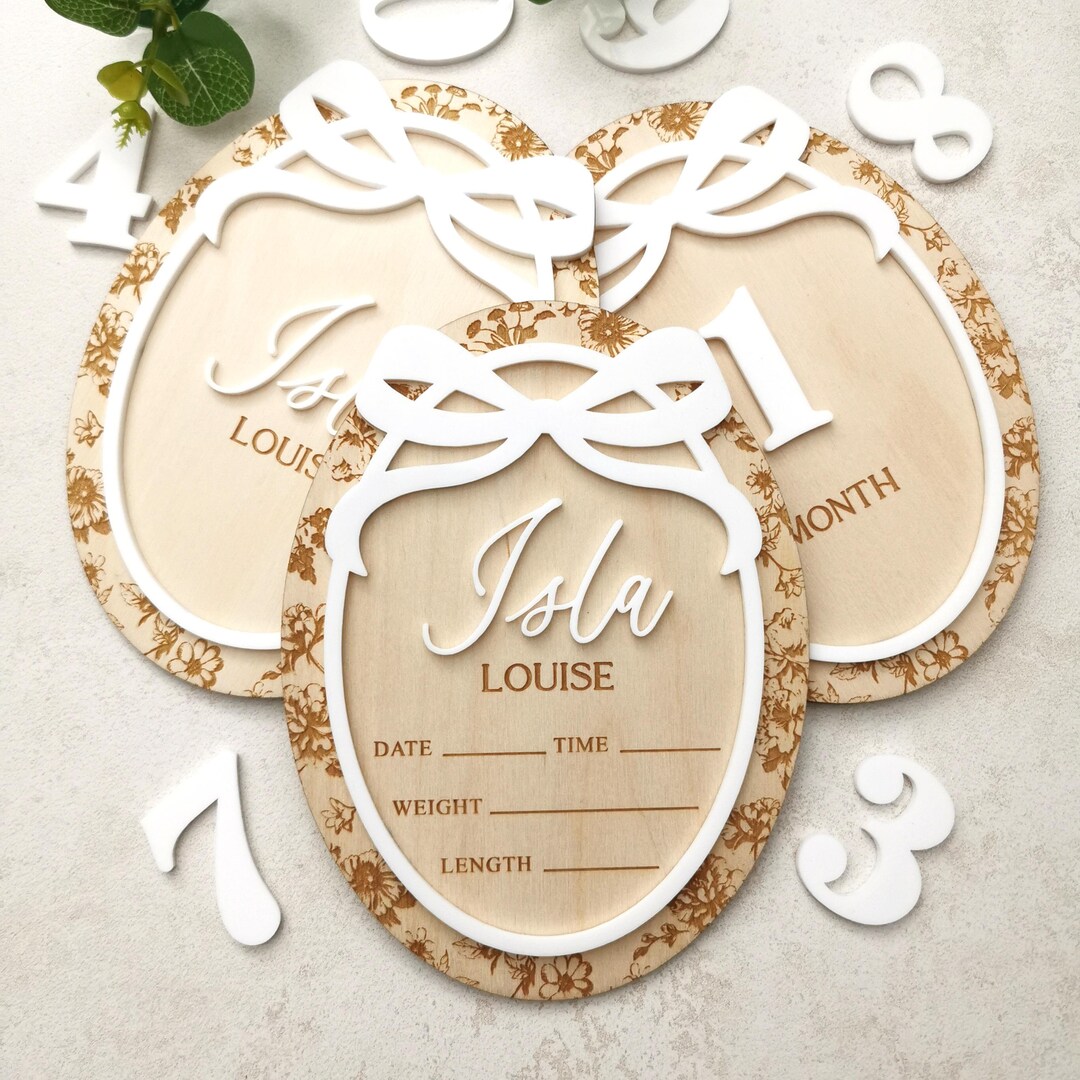 Wooden Lace Ribbon Bow Interchangeable Milestone Marker, Personalized ...