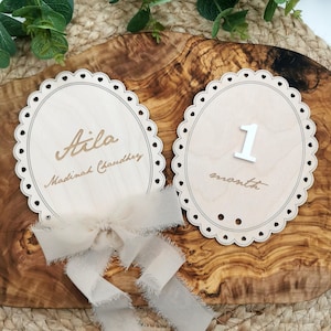 Fiocco di nastro di pizzo in legno, biglietti intercambiabili per le tappe fondamentali, nome personalizzato, segnapunti mensili per neonati, cameretta dei bambini, regalo per baby shower