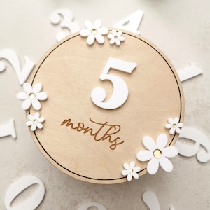 Set di biglietti di auguri in legno Boho Daisy Milestone, disco mensile con fiori per bambine, accessorio per foto di neonati, crescita delle bambine, cartelli per i mesi del bambino con margherite