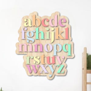 Letrero de pared con el alfabeto ABC, letras de madera, letras educativas, decoración de pared, decoración de habitación infantil, decoración de guardería, sala de juegos en tonos pastel.