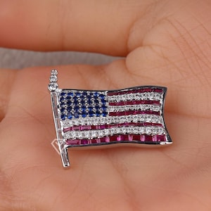 925 Silver American National Flag Brooch, Ruby & Sapphire U.S.A National Flag Brooch, 4th of July Independence Brooch, Patriotic Flag Brooch