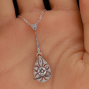 Vintage Inspire Drop Necklace, Round Moissanite Diamond Art Deco Pendant, Antique Milgrain Set Necklace, Engagement Gift Necklace For Her