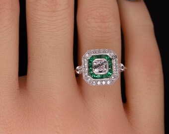 Antique Milgrain Double Halo Ring, Asscher With Green Baguette Cut CZ Stone Wedding Ring, Art Deco Engagement Ring, Edwardian Ring For Women