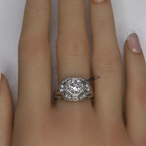 Art Deco Floral Inspire Ring, Round Moissanite Diamond Ring, White Gold Retro Ring, Vintage Inspire Engagement Ring, Wedding Ring For Women