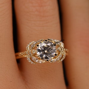 Antique Dragonfly Ring, Round Moissanite Diamond Ring, Yellow Gold Ring For Women, Unique Wedding Ring, Insect Inspire Ring, Birthday Gift
