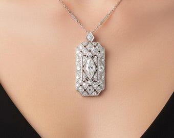 Antique Edwardian Style Pendant Necklace, 1.7TCW Round Cut Moissanite Diamond Necklace, Woman's Wedding Necklace, Art Deco Necklace For Her