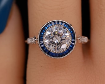 Art Deco Engagement Ring, Round & Sapphire Baguette Cut CZ Stone Vintage Style Ring, Milgrain Set Halo Wedding Ring, Antique Retro Ring