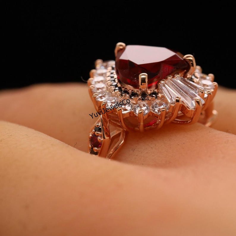 Roter Granat-Herz-CZ-Steinring, mehrfarbiger Ehering, Verlobungsring für sie, doppelter Halo-Edelsteinring, Geschenk für Freundin Bild 2