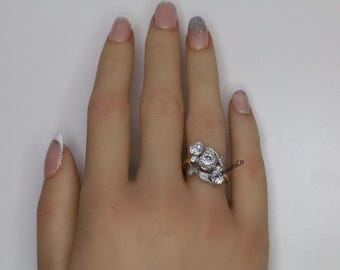 Two Tone Gold Art Nouveau Ring, Round Moissanite Diamond Wedding Ring, Vintage Style Art Deco Ring, Five Stone Engagement Ring, Woman's Ring