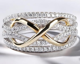 Einzigartiger Infinity Knotenring, Rundschliff Moissanit Diamant Verlobungsring, zweifarbiger Ehering, Vorschlag Ring für Sie, Geburtstagsgeschenk Ring