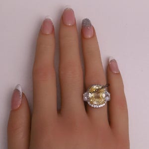 Three Stone Halo Ring, Yellow Cushion Cut CZ Stone Wedding Ring, Two Tone Gold Engagement Ring, Woman&#39;s Gemstone Ring, Birthday Gift Ring