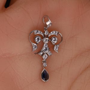 Jugendstil Anhänger Halskette, Birne & Rundschnitt CZ Stein Art Deco Anhänger, Blauer Saphir Teardrop Halskette, antiker Vintage Stil Anhänger