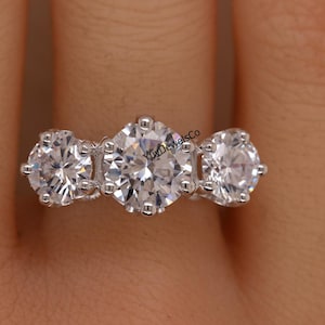 Art Deco Three Stone Ring, 5.55TCW Round Cut Moissanite Diamond Wedding Ring, Engagement Proposal Ring For Her, Filigree Engrave Shank Ring