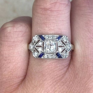 Antique Sapphire Art Deco Ring, Old European & Baguette Cut CZ Stone Vintage Style Ring, Milgrain Edwardian Ring, 925 Silver Wedding Ring