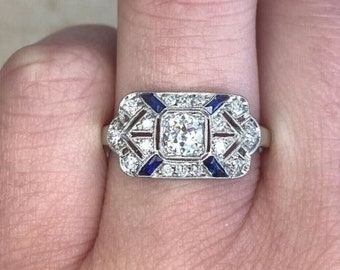 Antique Sapphire Art Deco Ring, Old European & Baguette Cut CZ Stone Vintage Style Ring, Milgrain Edwardian Ring, 925 Silver Wedding Ring