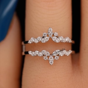 Woman's Enhancer Band, Round Moissanite Diamond Wedding Band, Floral Motif Wrap Guard Band For Her, Engagement Promise Band, Birthday Gift