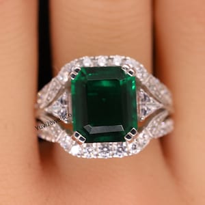Green Emerald Cut CZ Stone Art Deco Ring, Antique Gemstone Vintage Inspire Ring, Retro Wedding Bridal Ring, 14K White Gold Engagement Ring