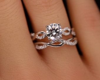Conjunto de anillos de boda retorcidos, conjunto de anillos nupciales de diamantes moissanita redondos, conjunto de anillos de compromiso apilables, banda retorcida de media eternidad, regalo de cumpleaños