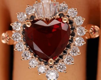 Red Garnet Heart CZ Stone Ring, Multi Color Wedding Ring, Engagement Promise Ring For Her, Double Halo Gemstone Ring, Gift For Girlfriend