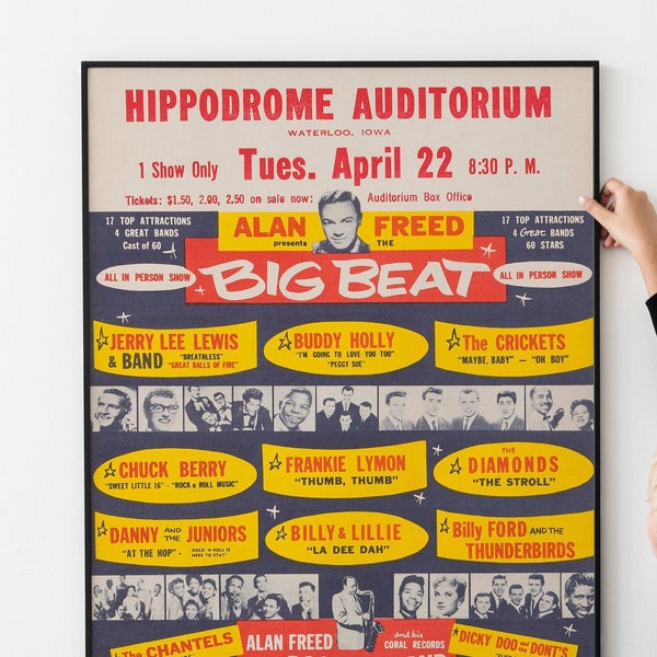 Classic Buddy Holly, Chuck Berry, Jerry Lee Lewis 1958 Alan Freed “Big Beat” Vintage Concert Poster PRINTABLE DOWNLOAD