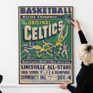 Póster de baloncesto de los Celtics, 1936-38. Póster promocional vintage "Original Celtics".
