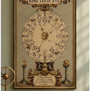 Antique astrology chart featuring an ornate zodiac wheel, planetary symbols, sun face and celestial illustrations in an old-world historical style.