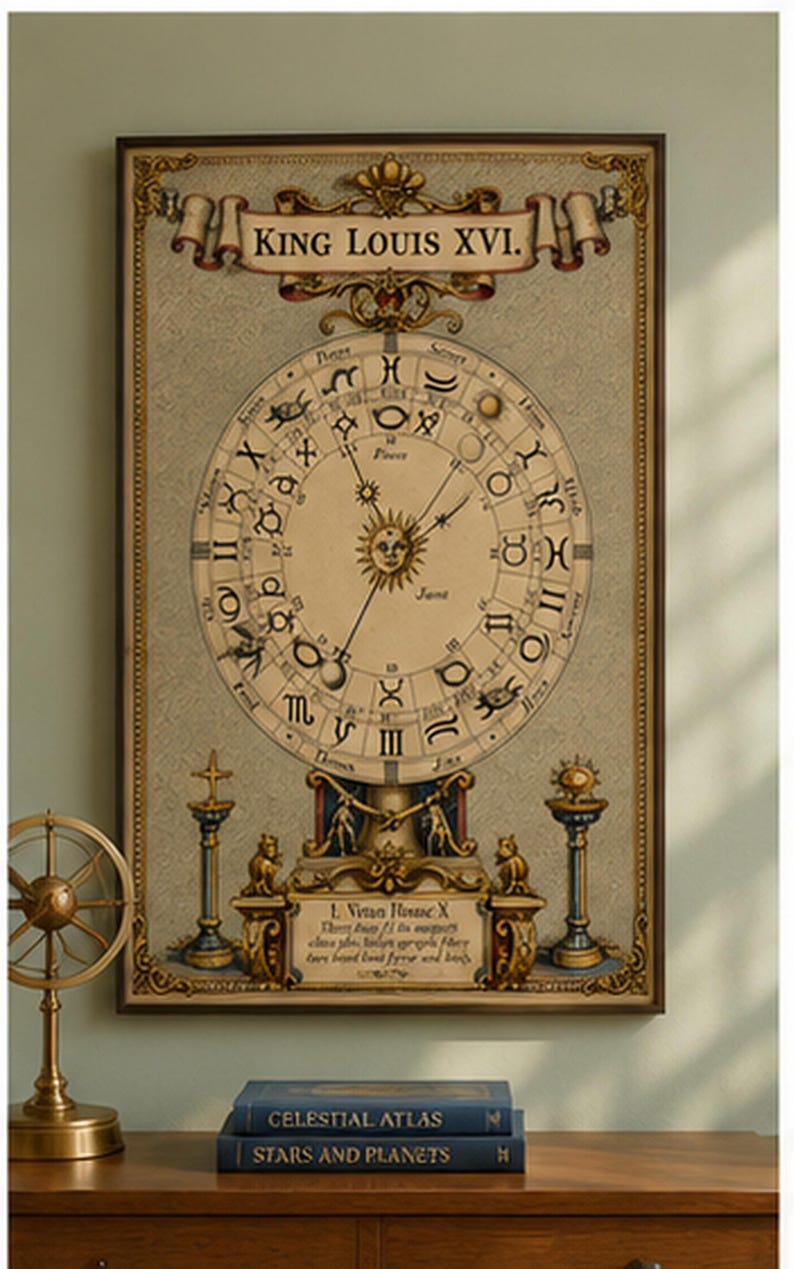 Antique astrology chart featuring an ornate zodiac wheel, planetary symbols, sun face and celestial illustrations in an old-world historical style.