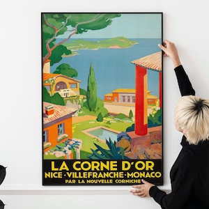 Cartel ferroviario de la Riviera Francesa de la década de 1930 – La Corne D'Or, París Lyon Méditerranée, Arte de viajes escénicos vintage, Cartel de viajes por el Mediterráneo