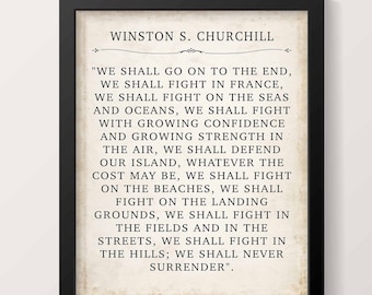 Winston Churchill Quote Poster We Shall Fight WWII Speech Vintage Print