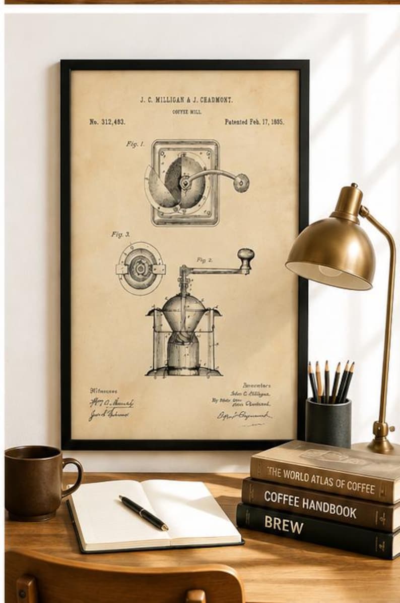 Vintage 1885 coffee mill drawing showing detailed technical views of an antique hand-crank coffee grinder and internal grinding mechanism on aged cream paper.
