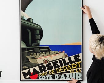 Póster de viaje francés vintage: Marsella-Costa Azul, 1929. Ferrocarril Mediterráneo.