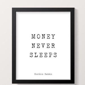 Vintage Wall Street Poster – Stock Market Art, Gordon Gekko Quote, Money Never Sleeps, Finance Office Decor, Retro Investment Print