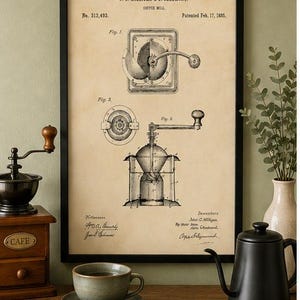 Vintage 1885 coffee mill drawing showing detailed technical views of an antique hand-crank coffee grinder and internal grinding mechanism on aged cream paper.