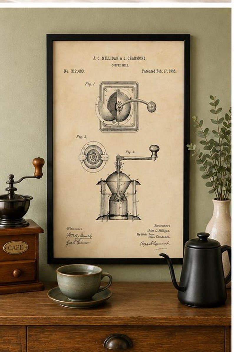 Vintage 1885 coffee mill drawing showing detailed technical views of an antique hand-crank coffee grinder and internal grinding mechanism on aged cream paper.