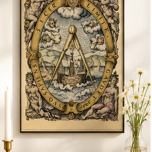 Antique maritime illustration featuring a sailing ship beneath a large navigation compass, classical figures, winds, Latin lettering and ornate Renaissance-style decoration.