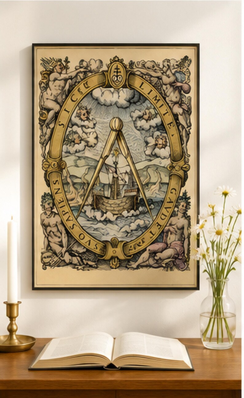 Antique maritime illustration featuring a sailing ship beneath a large navigation compass, classical figures, winds, Latin lettering and ornate Renaissance-style decoration.