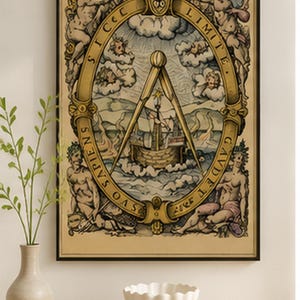 Antique maritime illustration featuring a sailing ship beneath a large navigation compass, classical figures, winds, Latin lettering and ornate Renaissance-style decoration.