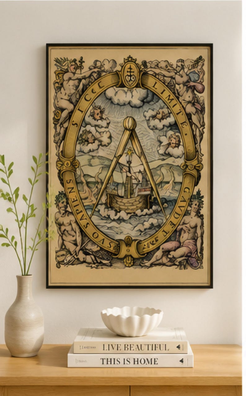 Antique maritime illustration featuring a sailing ship beneath a large navigation compass, classical figures, winds, Latin lettering and ornate Renaissance-style decoration.