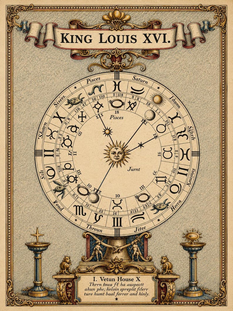 Antique astrology chart featuring an ornate zodiac wheel, planetary symbols, sun face and celestial illustrations in an old-world historical style.