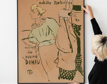 May include: A vintage poster advertising a musical performance called "Je petit trottin". The poster features a black and white illustration of two people, one in a top hat and the other in a dress. The text on the poster is in French and reads "Je petit trottin, paroles de Achille Melandri, musique de Desire Dihau".