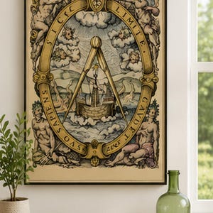 Antique maritime illustration featuring a sailing ship beneath a large navigation compass, classical figures, winds, Latin lettering and ornate Renaissance-style decoration.